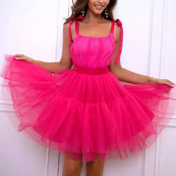 Pink Tie Shoulder Mesh tulle Cami Mini Dress - Picture 2 of 6